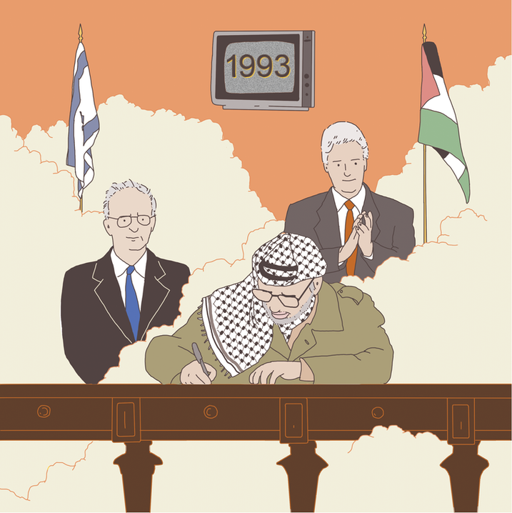 A digital illustration by Eden Spivak of Yasser Arafat, Yitzhak Rabin and Bill Clinton during the signing of the Oslo Accords.