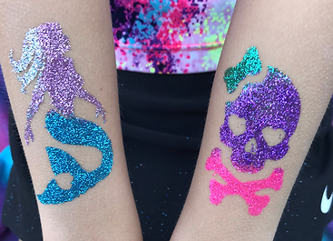 Glitter Tattoo examples, a skull and mermaid