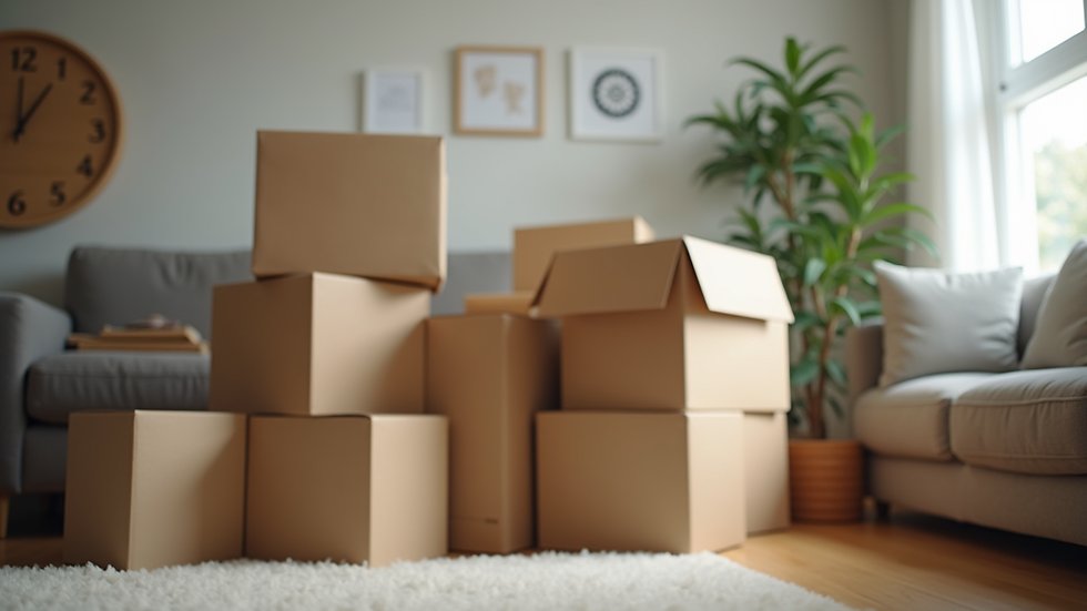 Close-up view of neatly packed moving boxes stacked in a living room