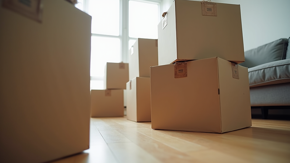 Eye-level view of neatly packed moving boxes stacked in a living room