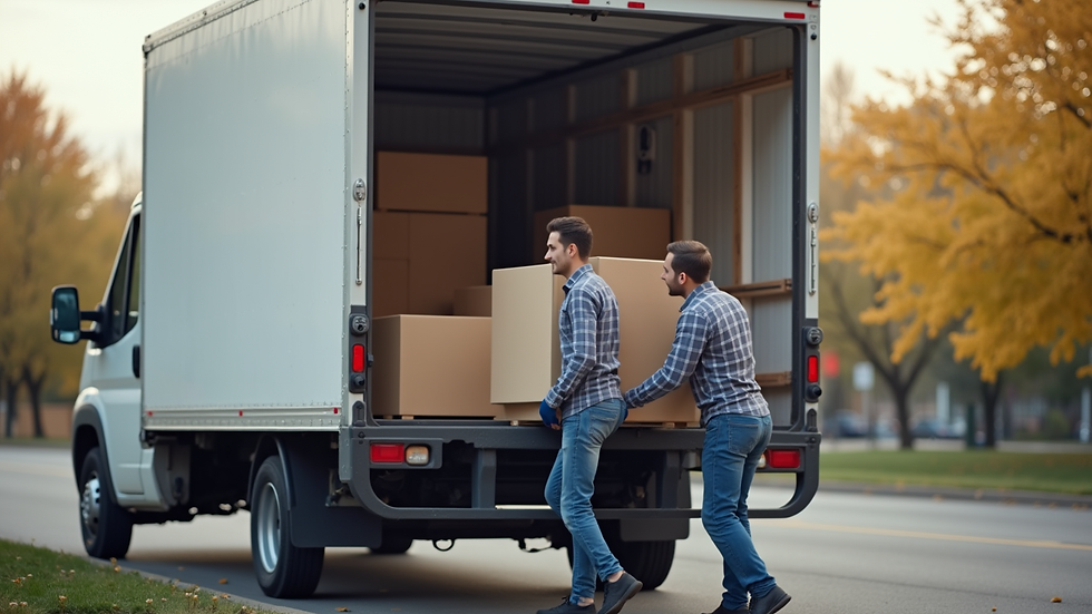 Close-up view of professional movers loading a moving truck with furniture
