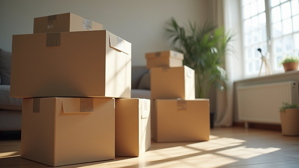 Close-up view of neatly packed moving boxes stacked in a living room