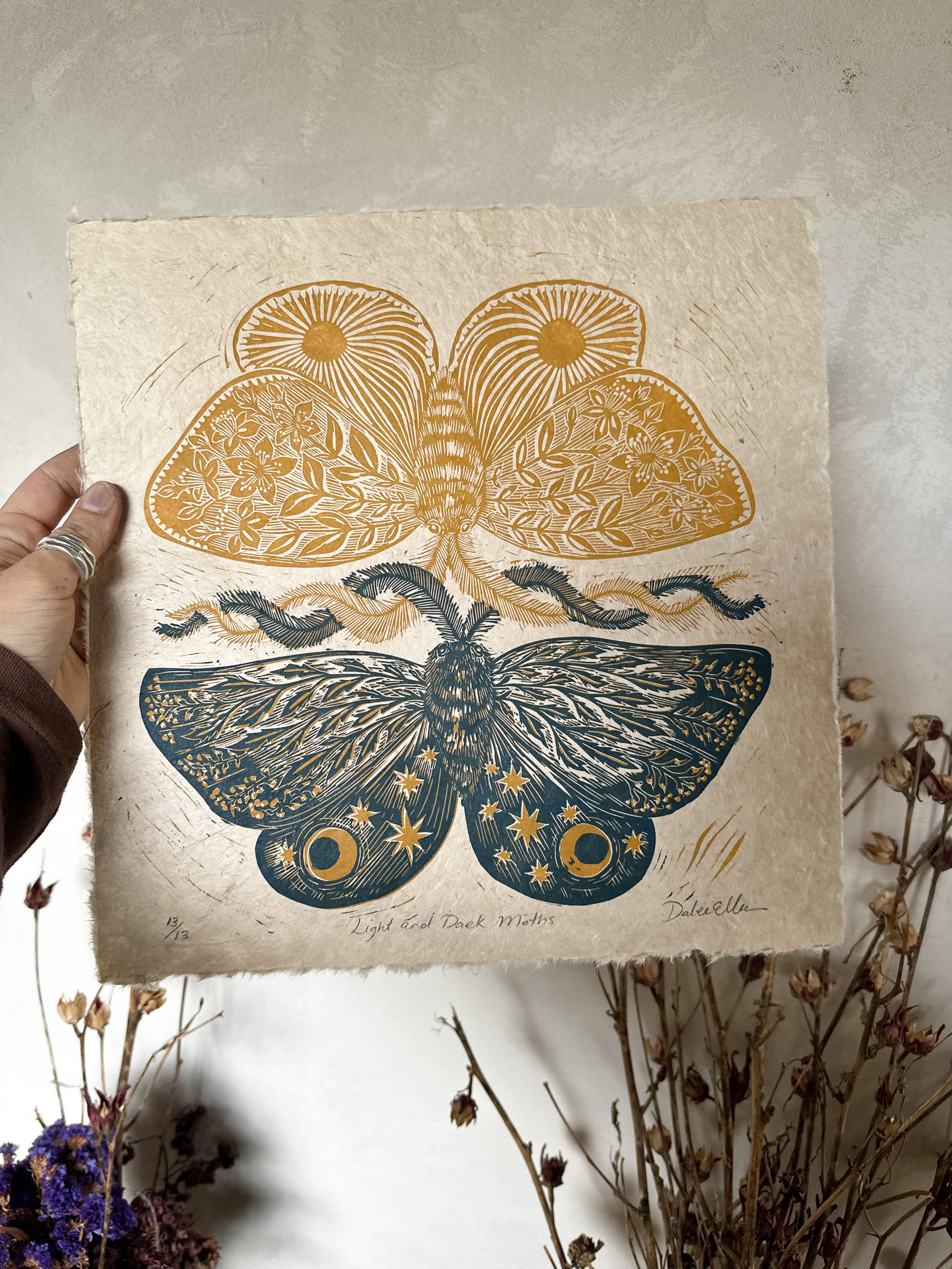 Light and Dark Moths - Original limited edition reduction print
