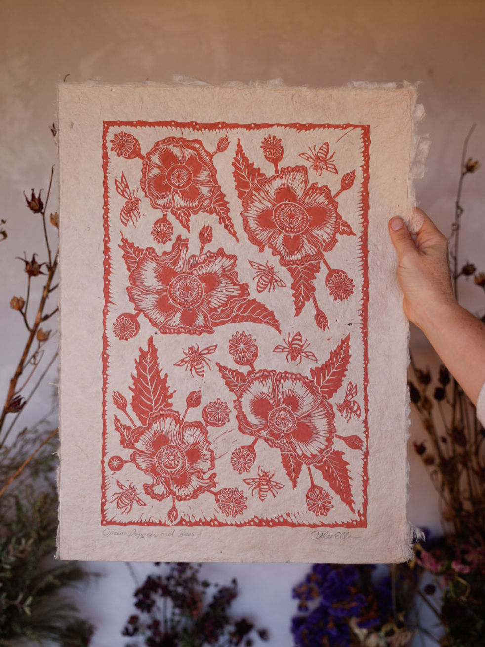 Opium Poppies and Bees - Original relief print