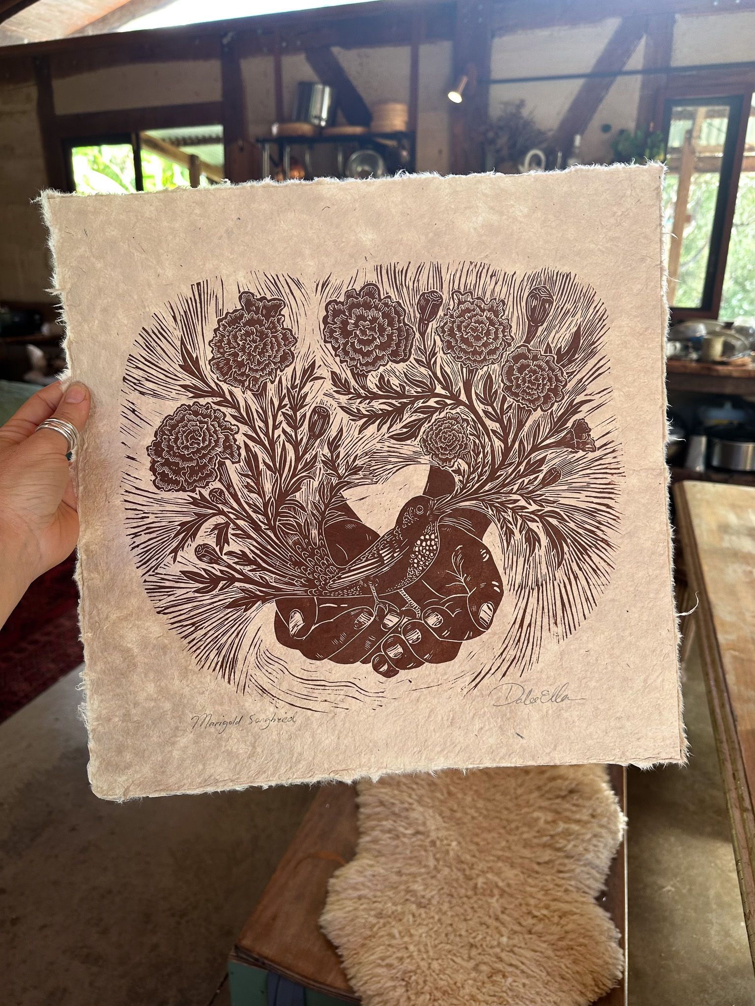 Marigold Songbird (Raw Umber ink - Original Relief Print