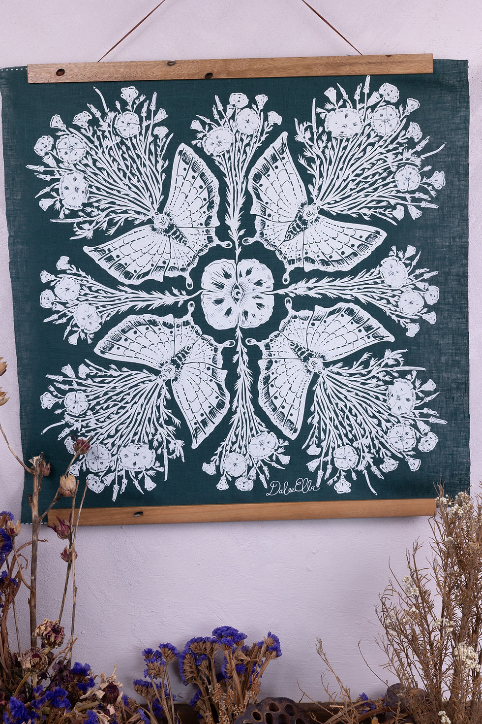 Thumbnail: Californian Poppy Dream Moth - Hand printed linen bandana - Forest Green
