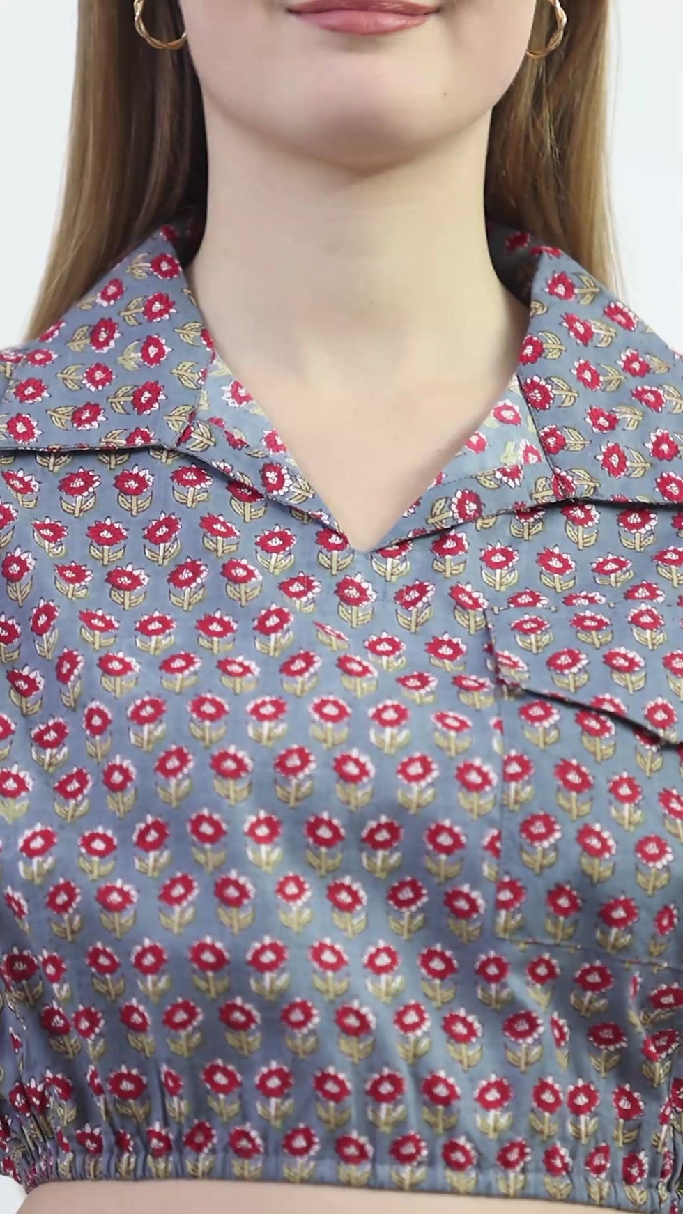 Thumbnail: Chic Grey Floral Print Cotton Crop Shirt – A Fusion of Style & Comfor