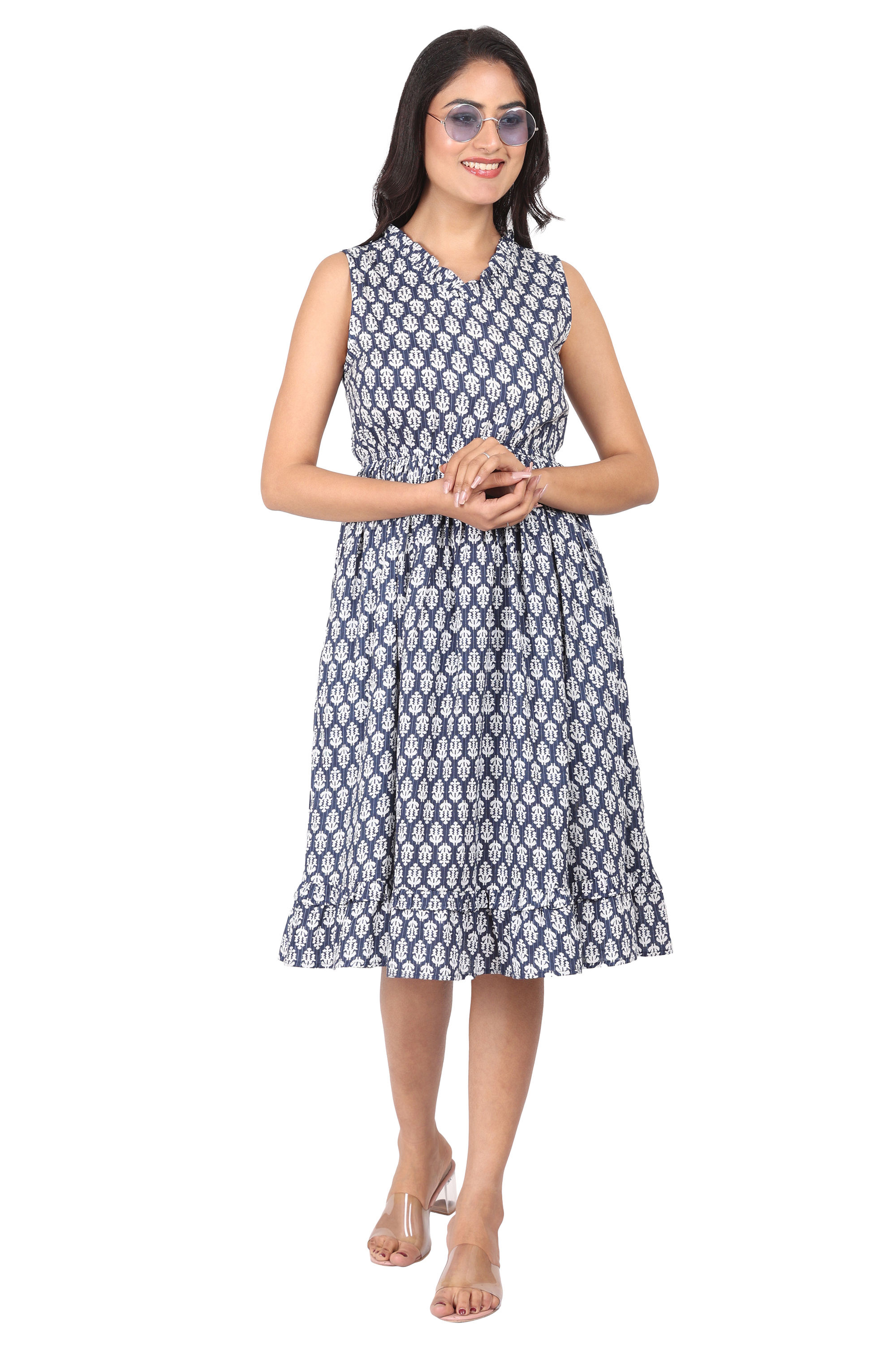 Indigo Pure Cotton Midi Dress for Women- Handprinted, Breathable & Skin-Friendly