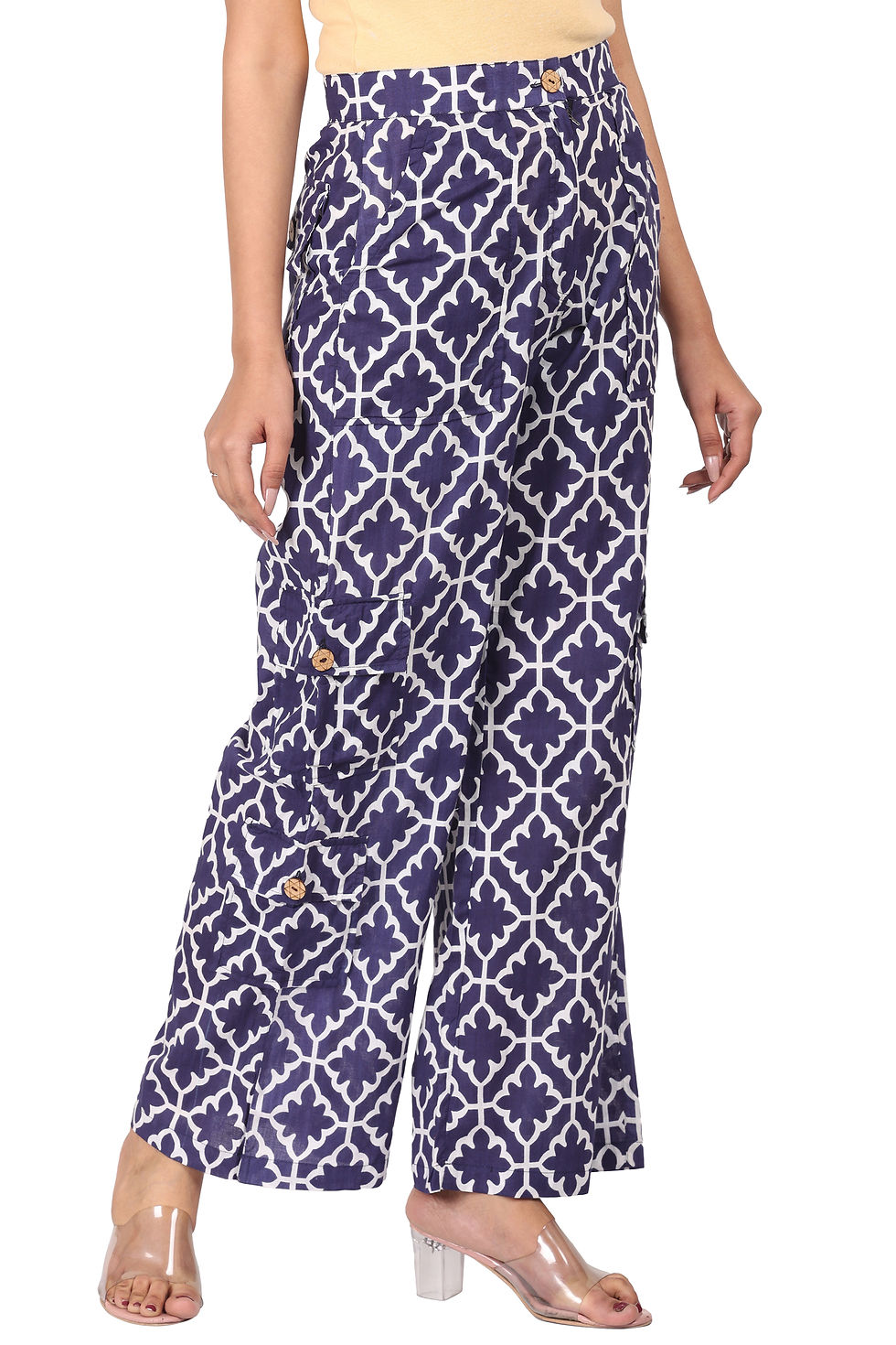Thumbnail: Indigo Elegance: Geometric Print High-Rise Cotton Cargo Pants for Women