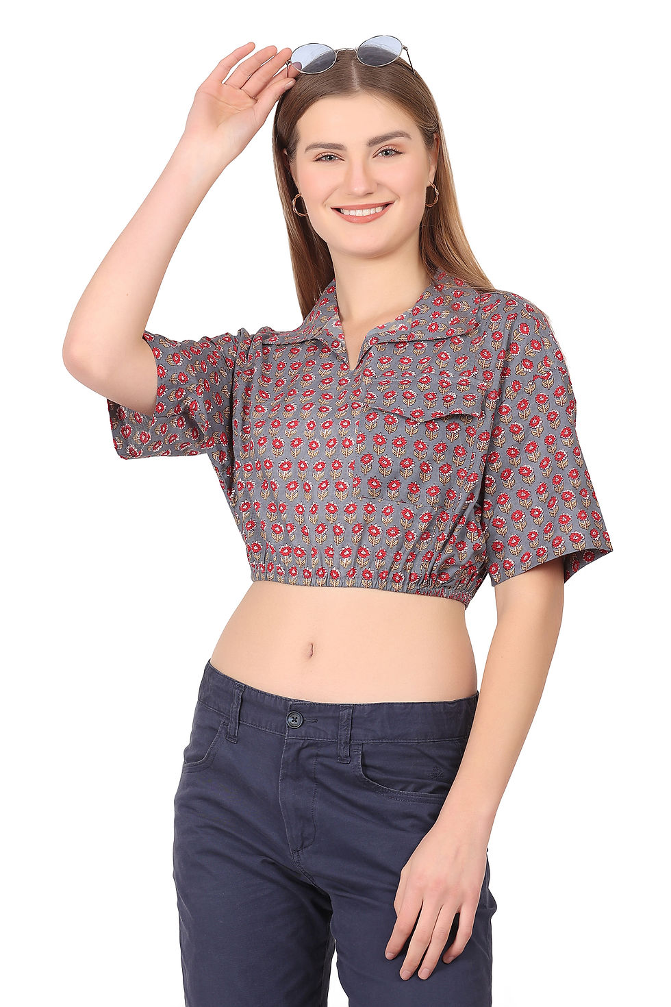 Thumbnail: Chic Grey Floral Print Cotton Crop Shirt – A Fusion of Style & Comfor