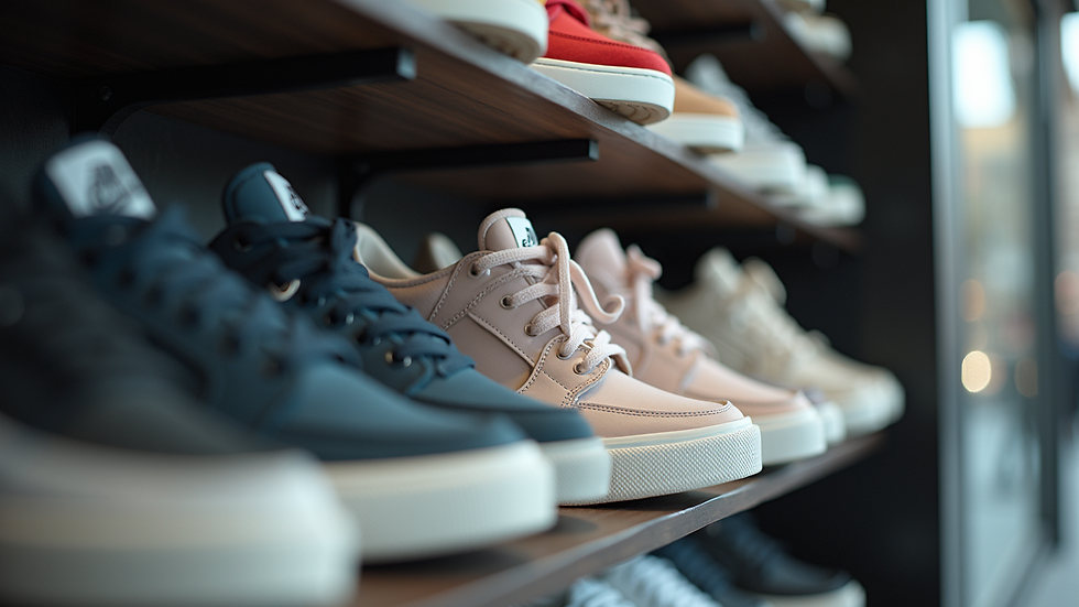 Eye-level view of a trendy sneaker display showcasing various styles