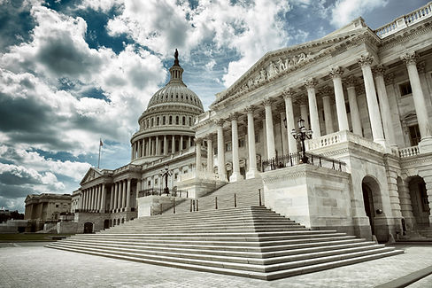The United States Capitol building with steps and a cloudy sky background.