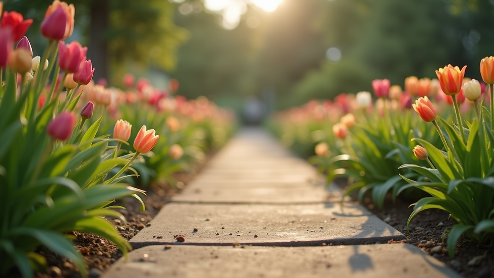 Eye-level view of a serene garden path lined with blooming flowers