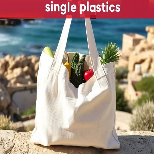 A reusable cloth shopping bag filled with fresh produce, set against a backdrop of the Mediterranean coastline in Northern Cyprus, illustrating the shift from single-use plastics to sustainable alternatives.”