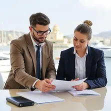 A North Cyprus workplace scene showing an employer reviewing documents with a foreign employee, with Kyrenia harbour or a TRNC government building subtly visible in the background, symbolising legal employment and work permits.