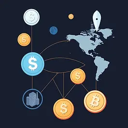 Cross-border payments illustrated through digital currency concepts.