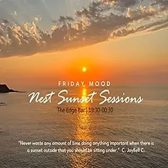 Guests enjoying cocktails at Edge Bar during a vibrant sunset beach party