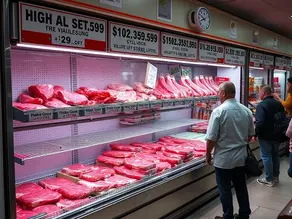 A butcher’s shop in Northern Cyprus displaying high meat prices, with empty shelves and concerned shoppers, symbolising rising TRNC meat prices and declining local consumption.