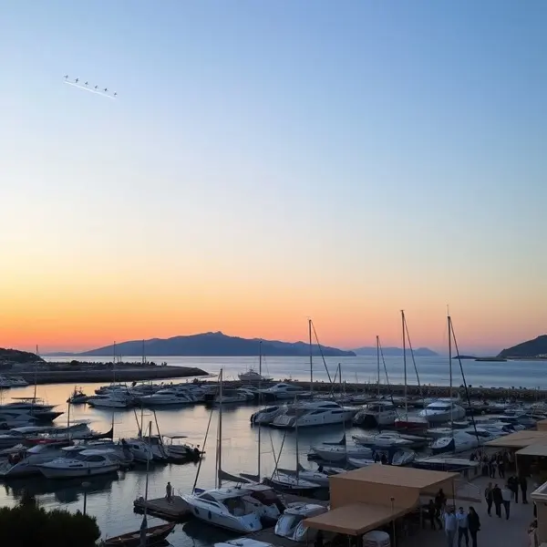 Girne harbour in Northern Cyprus during early spring with boats in the marina and visitors walking along the waterfront promenade.