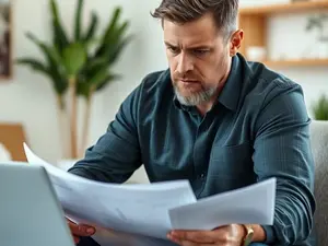 A focused property buyer in North Cyprus reviewing documents, notes, and a laptop with a serious expression
