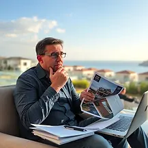 A thoughtful overseas buyer in North Cyprus sitting with property brochures, a laptop, and notes, visibly torn between excitement and serious reflection