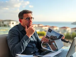 A thoughtful overseas buyer in North Cyprus sitting with property brochures, a laptop, and notes, visibly torn between excitement and serious reflection