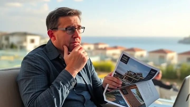 A thoughtful overseas buyer in North Cyprus sitting with property brochures, a laptop, and notes, visibly torn between excitement and serious reflection