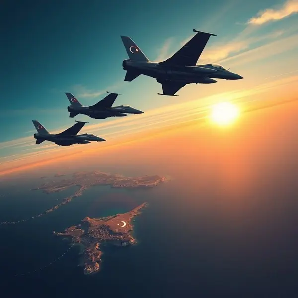 Turkish fighter jets flying over Northern Cyprus during heightened regional tensions in the Eastern Mediterranean.