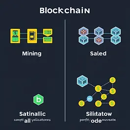 Side-by-side illustration comparing mining-based and staking-based blockchain validation methods.