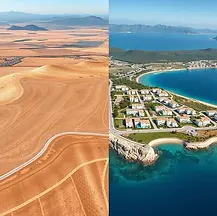 What can be built on land in North Cyprus showing undeveloped plot and completed residential development