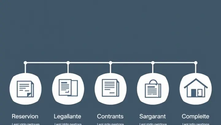 A clean timeline-style visual showing stages of property buying in North Cyprus, with icons representing reservation, legal checks, contracts, payments, and completion