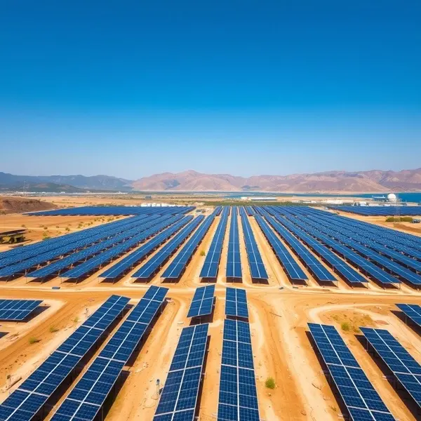 Aerial view of a large solar power plant under construction in Northern Cyprus, showing rows of solar panels across open land with mountains in the background and clear Mediterranean skies.