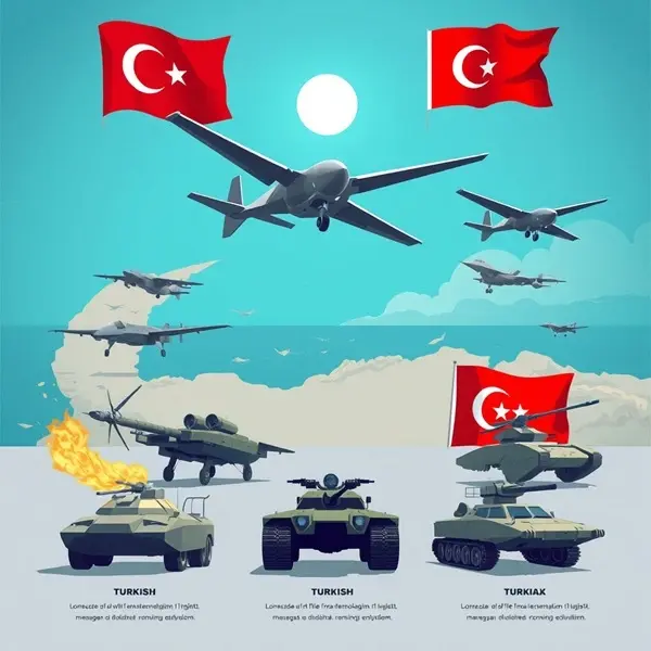 Modern Turkish military technology including drones, fighter jets and armored vehicles representing the sophistication of Turkey’s armed forces.