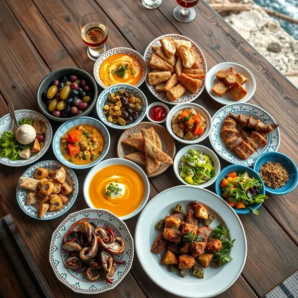 A vibrant overhead shot of a traditional North Cyprus meze table filled with colourful small plates—halloumi, olives, hummus, kofte, grilled octopus, fresh bread, salads, and local dips—set on a rustic wooden table with raki glasses and the Mediterranean coast softly blurred in the background.