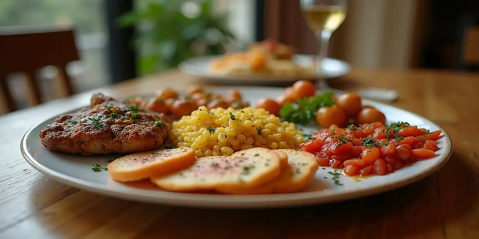 Eye-level view of a traditional Cypriot mezze platter with various small dishes