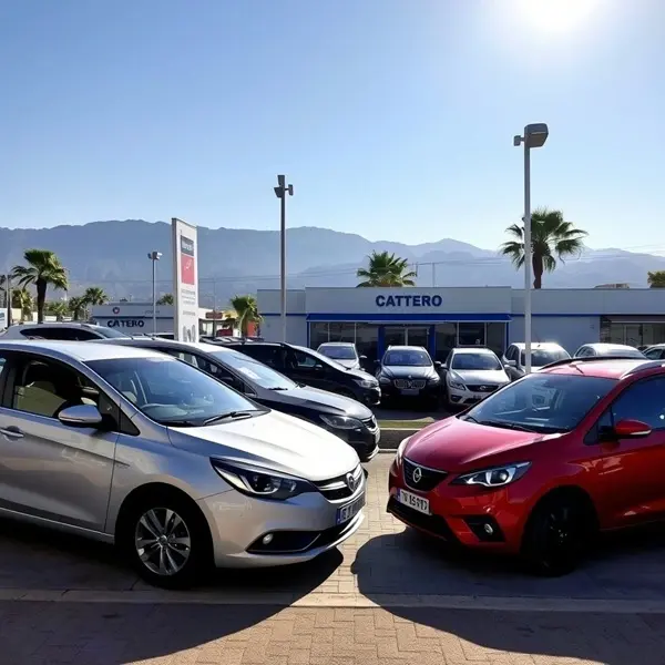 Car dealership in North Cyprus displaying new and used vehicles