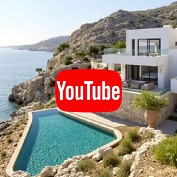 A high-resolution coastal image showing modern villas overlooking the Mediterranean in Northern Cyprus, with a subtle YouTube play icon overlay to indicate the launch of a property video channel.
