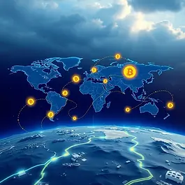 Visual theme of global access and alternative financial routes via cryptocurrency.