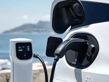 A modern electric vehicle charging at a public charging station in Kyrenia, with the Mediterranean coastline in the background. The charging cable is connected, and a digital display shows charging progress. Bright, clean, futuristic aesthetic that reflects sustainability and innovation in North Cyprus.