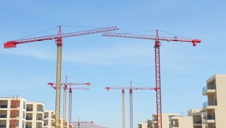 Construction workers and modern apartment developments in North Cyprus representing the Cyprus Turkish Building Contractors Association (CTBCA) and the local building industry.