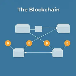 Illustration of a decentralised digital ledger with interconnected blocks and network nodes.