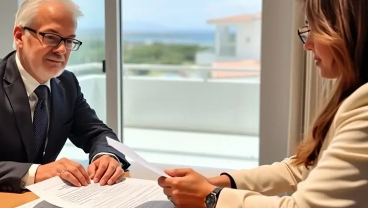 A confident overseas property buyer reviewing a North Cyprus property contract with a lawyer in a bright office