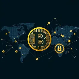 Conceptual image representing Bitcoin as a decentralised digital currency on a global network.