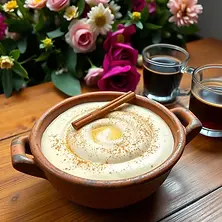 Baked rice pudding topped with cinnamon, served chilled.