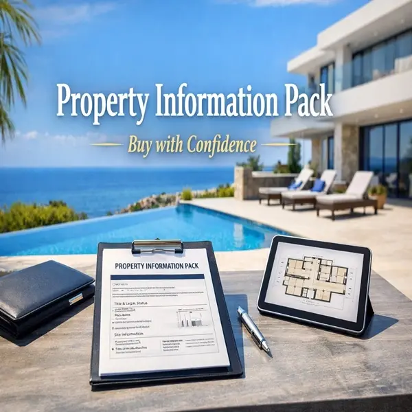 North Cyprus property information pack with villa and sea view background showing documents for buyers and investors