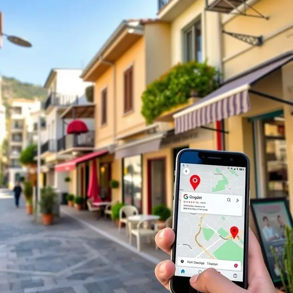 A scenic street in Kyrenia with cafés and local shops, highlighted with a Google Maps location pin on a smartphone screen — symbolising how local businesses in North Cyprus can attract more customers through Google listings.