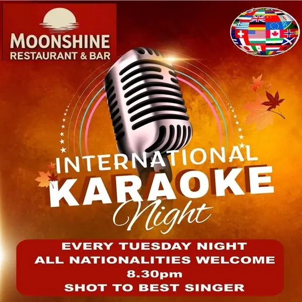 Guests singing and cheering during karaoke night at Moonshine Bar