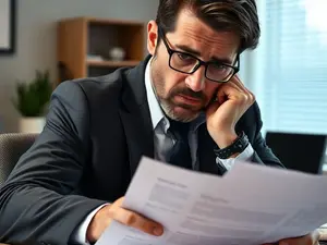 A serious property investor reviewing documents with a concerned expression