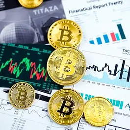 Cryptocurrency imagery combined with taxation and financial reporting themes.