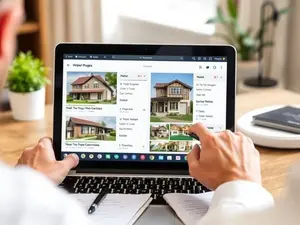 A focused property buyer reviewing listings on a laptop with notes and a shortlist, rejecting some options and selecting others